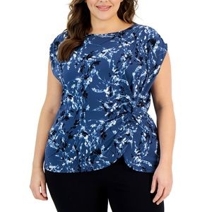 Alfani Plus Size Printed Side-Knot Cap-Sleeve Top